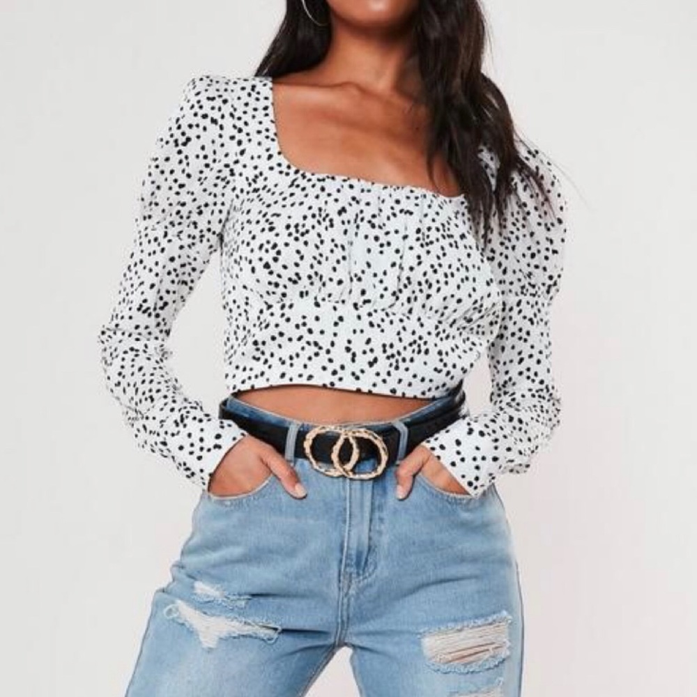 White Polka Dot print long sleeve crop top